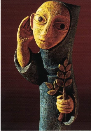 Carte à message abbaye de Tamié : figurine de saint benoît qui tend l'oreille